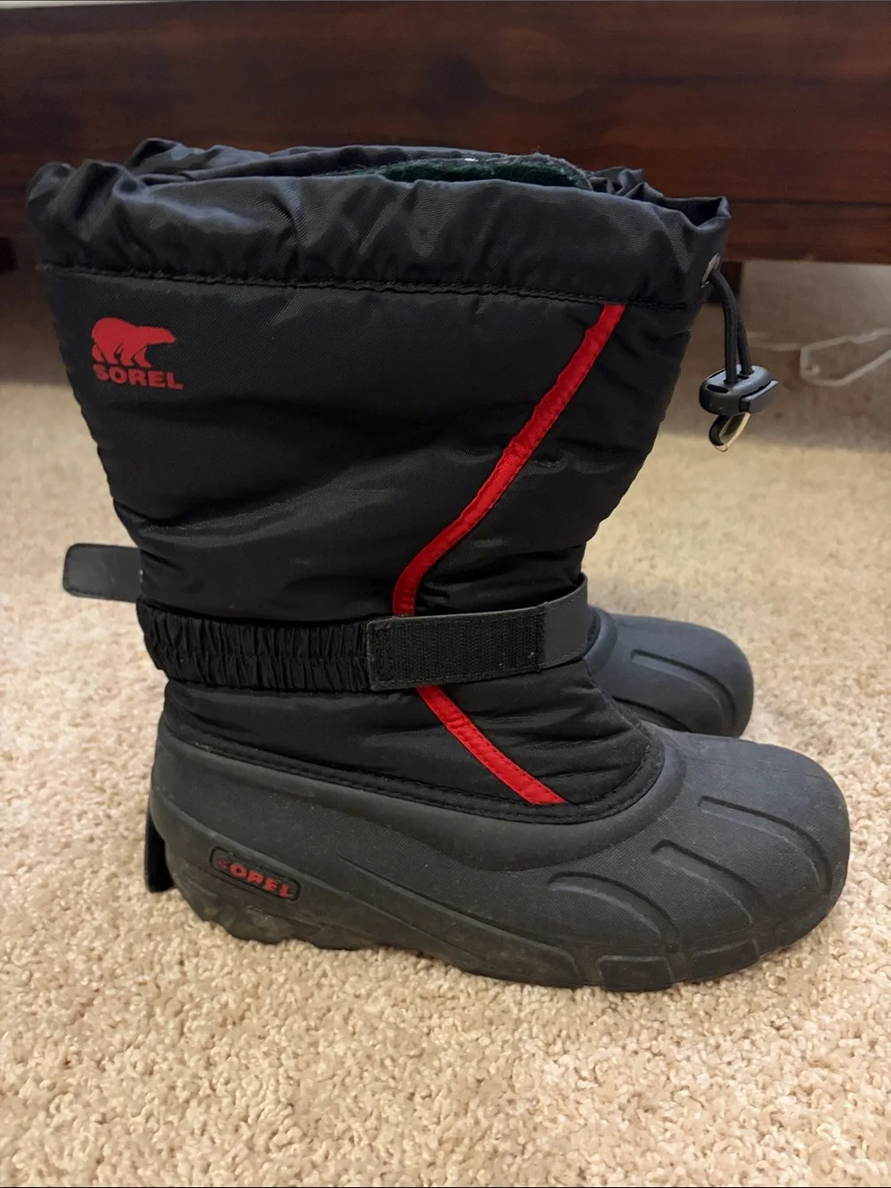 Sorel Black and Red Kids Insulated Snow Boots